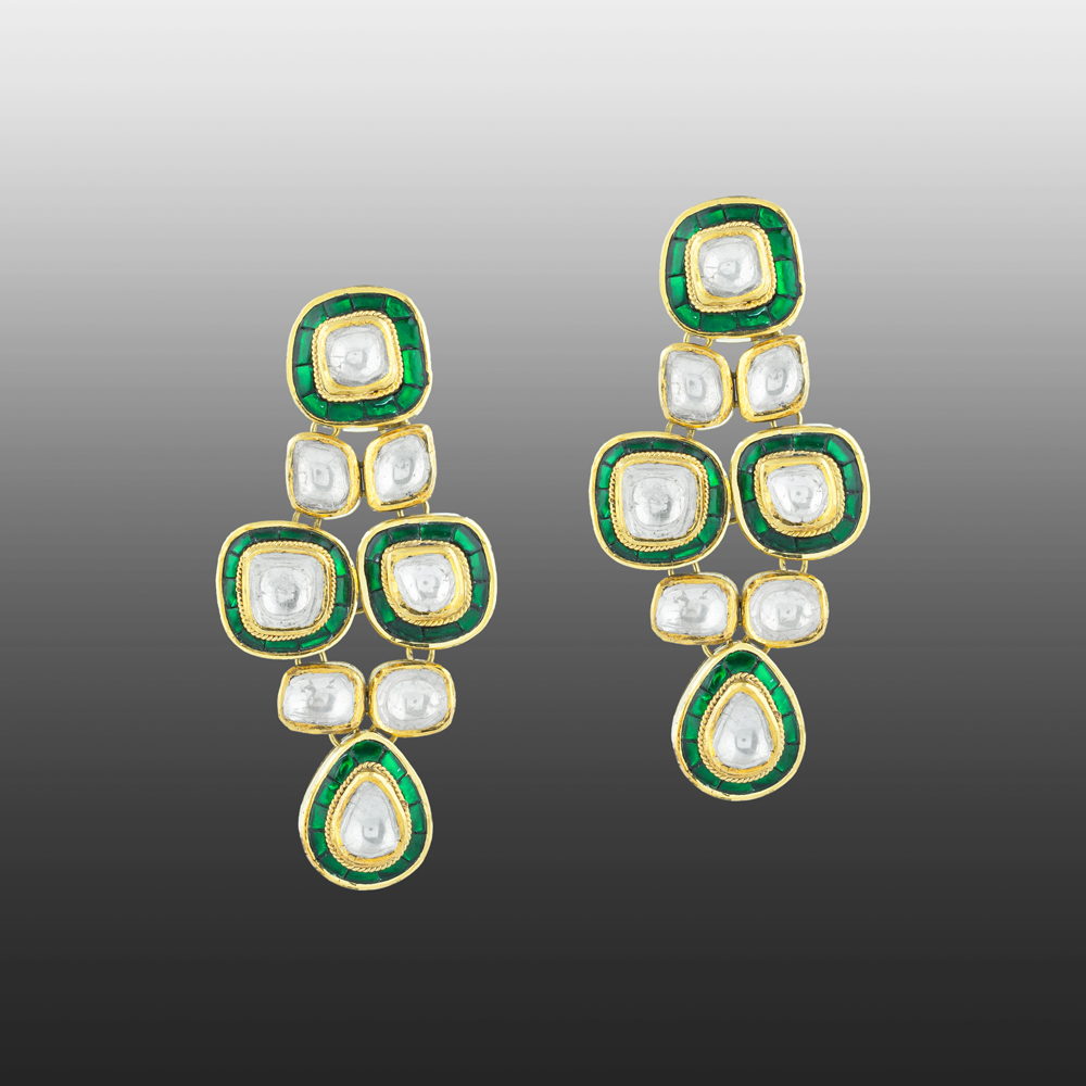 Emerald Green Talaf Polki Earrings with Tiered Polkis